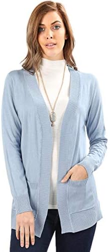 Cardigans for Women Open Front Knit Long Sleeve Pockets Sweater Cardigan -Ash Blue (Small)