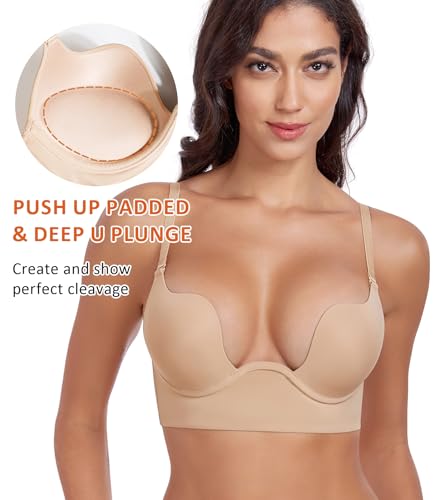 Women's Backless Deep Plunge Bra U Neckline Push Up Low Cut Supportive Underwire Bras4