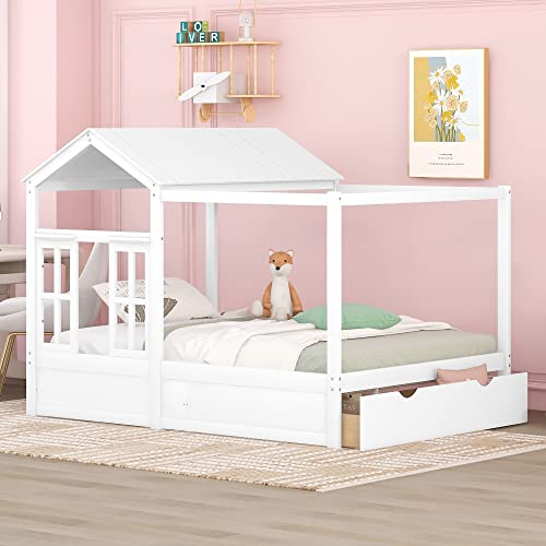 Full Size House Beds With Storage Drawers Wood Tree House Bed Frame For Kids Montessori Bed Playhouse Cabin Tent Bed For Girls Boys Children Teens Juniors, White #TOP15