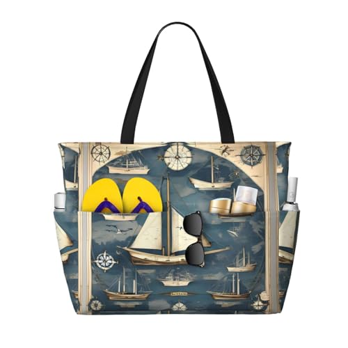 Nautical Sailboat Map Large Capacity Foldable Tote Bag Women Beach Tote Bag Handbag Gym Bag Travel Shopping Bag