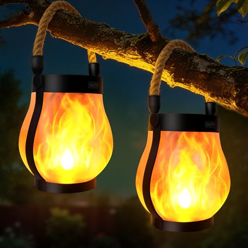 Altmara Solar Lanterns Outdoor 2-Pack with Ultra-Real Flame Lights Dual Charging (USB/Solar) 2 Modes & Outdoor Waterproof Design Decorative Hanging/Table Lights for Yard Patio Garden