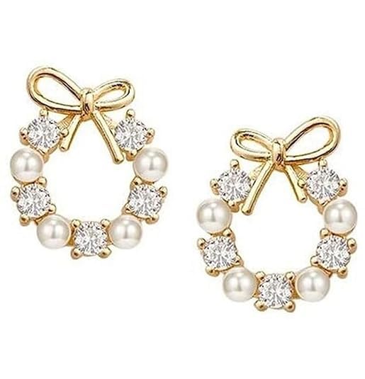Elegant Korean Bow Pearl & Crystal Stud Earrings for Women – Gold-Plated Wreath Design, Lightweight Minimalist Jewelry for Girls & Women-image-26
