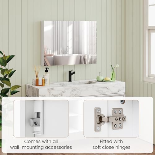 Armario de baño sin marco con espejo COSTWAY | Armario de almacenamiento de pared con 3 puertas y estantes, montaje empotrado o superficial opcional miniatura 7
