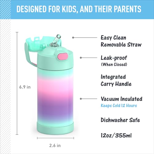 Image of THERMOS FUNTAINER Water Bottle with Straw, 12oz, Mint Ombre | Kids Stainless Steel Insulated Water Bottle, Keeps Drinks Cold Longer for School & Play, BPA-Free