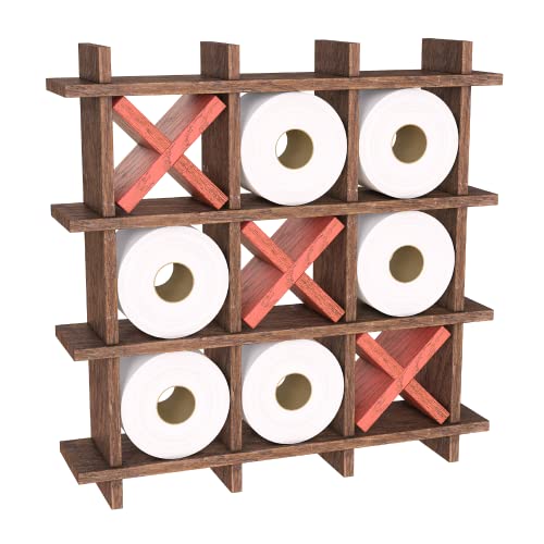 Rustic Tic-Tac-Toe Toilet Paper Holder for Bathroom – Rustic Storage Shelves for Toilet Tissue in Torched Brown Color – Freestanding or Wall Mount Bath Shelves for Your Farmhouse Décor