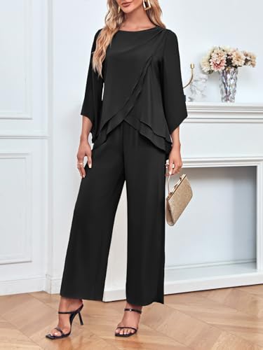 Women's Chiffon 2 Pcs Mother of The Bride Pant Suits Asymmetrical Hem Tops Pants Plus Size Wedding Party Prom Outfit3