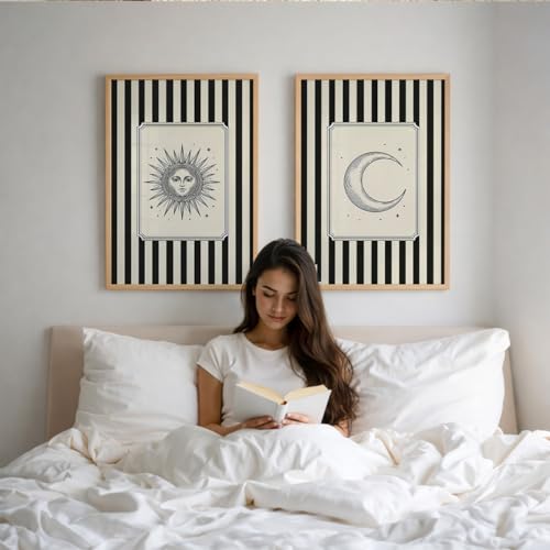 Image of Suneree Celestial Sun and Moon Wall Art Set of 2 Framed Paintings | Black Striped Tarot Style Illustration Poster | Boho Bedroom Living Room Home Decor (Art 7, 10x13 Inches)