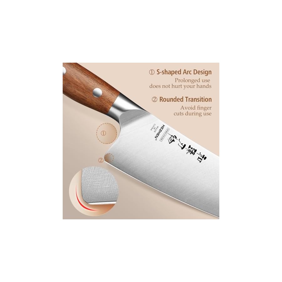 HEZHEN Pro Chefs Knives 8.3 Inch, High Carbon German 1.4116 Steel, Stainless Steel Rivets with Red Wood Handle, Razor Sharp, Super Edge, with Woodend Knife Sheath
