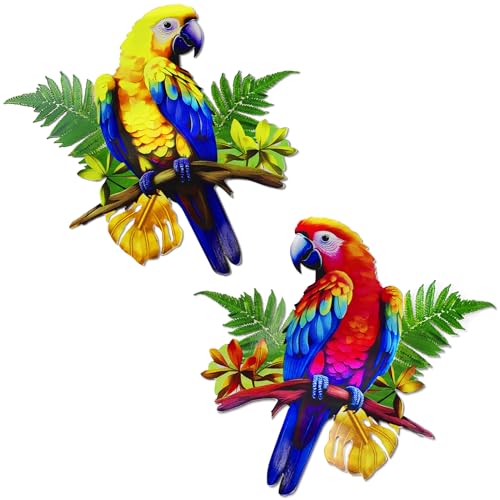ULENDIS 2 Pack Metal Parrot Wall Decor, 11.8' Bright Color Tropical Bird Macaw Outdoor Wall Art Patio Fence Decorations, Hanging Bird Decor for Garden Yard Living Room Bedroom Balcony