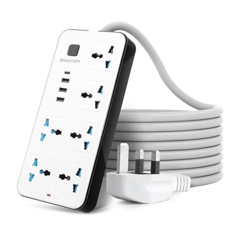 Baytion A38 3U 6 Power Socket Universal Electric Extension Cord with 1 Type-C Port Extension Cords with 6Gang |3USB Ports 1.88 Meters Extenstion Power Cables for Home Kitchen and Office(White)