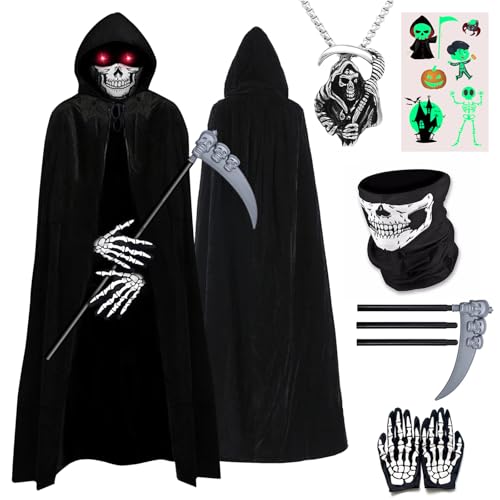 ATOWORLD Halloween Deguisement Faucheuse Enfant Costume Faucheur Enfant Deguisement Halloween Garcon 5 6 7 ans Squelette Déguisement Faucheuse Cape Noire Squelette...