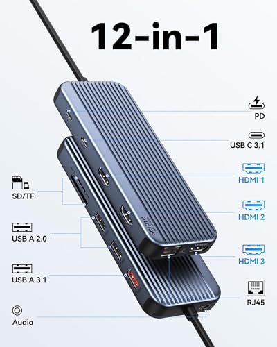 Image of USB C Docking Station 3 HDMI, Selore 12 in 1 Laptop Docking Station 3 Monitors with Triple HDMI,10Gbps USB A /C 3.1,USB 2.0,100W PD Charging, Gigabit Ethernet, Audio Mic,SD /Micro SD Card Slot