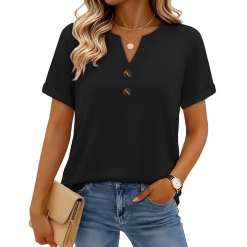 rosemia Henley Shirts for Women Short Sleeve Dressy Casual Blouses Summer V Neck Plus Size Tops 2026