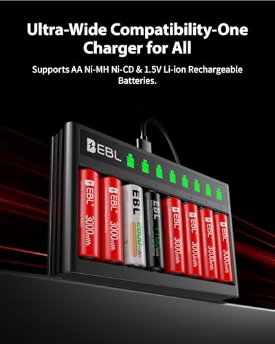 Image of EBL Rechargeable AA Lithium Batteries with Charger, 16Pack 1.5V 3000mWh | Double A Battery Rechargeable, 1200 Cycles, 1.5V Constant Voltage, Charger Fits Ni-MH /Li-ion, Ideal For Outdoor Camera