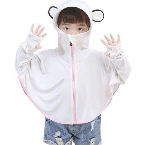 Unisex Kids UPF 50+ Bear Ear Hoodie with Face Mask Thumb Hole Cooling Lightweight Ice Silk Long Sleeve Zip Up Jacket