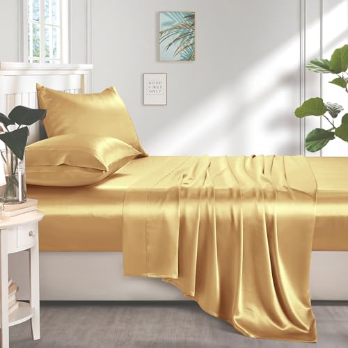 Image of Lanest Housing Silk Satin Sheets, Full Size Satin Bed Sheet Set with Deep Pockets, Cooling Soft and Hypoallergenic Satin Sheets Full - Yellow