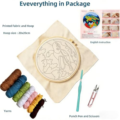 Image of DIY Punch Needle Kits Green Sea Turtle with Hoop 20x20cm-5 | with Pattern Stamped Easy for Beginners Embroidery Punch Needle Starter Craft Set for Adults Festival Gift and Decoration