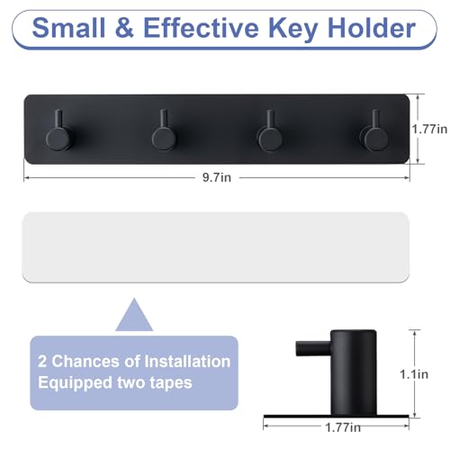 Key Holder with 4 Hooks,Key Hanger Organizer for Wall Mount with 2 Self-Adhesive Tapes,Metal Key Rack for Entryway, Door, Bathroom, Kitchen(Black) - Image 3