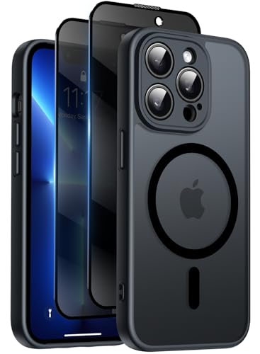 Qasyfanc Magnetic for iPhone 13 Pro Max Case with Privacy Screen Protectors X2 [Camera Protection] [15FT Military Drop Protection] Translucent Matte Back Slim Shockproof Phone Cover 6.7 Black