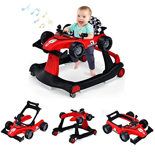 DREAMADE Lauflernhilfe, 4 in 1 Autoförmiger Lauflernwagen mit einstellbarer Geschwindigkeit, Musik & Licht, Babywalker Höhenverstellbar & Klappbar, Gehfrei Baby ab 6 Monate (Rot)