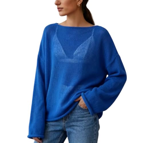 Image of Sweters for Women, Womens Sweater, O-Neck Solid Color See Through Pullover Jumper Shirt Beach