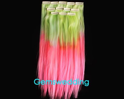 12pcs Wholesale 18inch Synthetic Hair Extension Ombre Dip Dyed Hippie Hair Clip with Color Milk Green/Pink WGY47