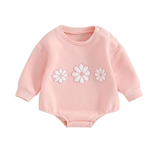 BOIBOKOKO Baby Girl Fall Winter Clothes Block Color Long Sleeve Sweatshirt Romper Floral/Letter Print Sweater Top (Pink, 6-12 Months)