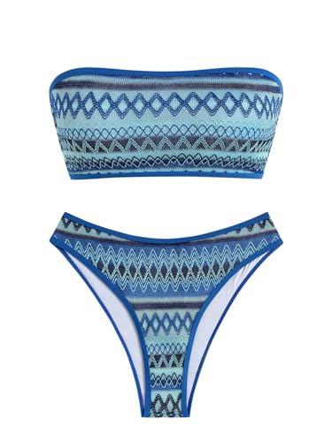 Image of ZAFUL Women Strapless Textured Bandeau Bikini 2 Piece Swimwear Cheeky Solid Lace up Bathing Suits