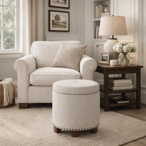 Image of HomePop 18.5 inch Round Storage Ottoman with Nailheads - Light Brown Fabric