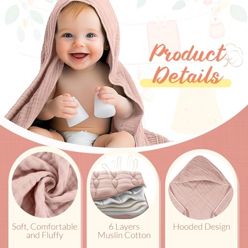 Image of VitalCozy 8 Pcs Baby Muslin Hooded Bath Towels and Washcloths, Muslin Hooded Baby Towels Absorbent Blankets for Gift Newborn Infant Shower (Pink,White)