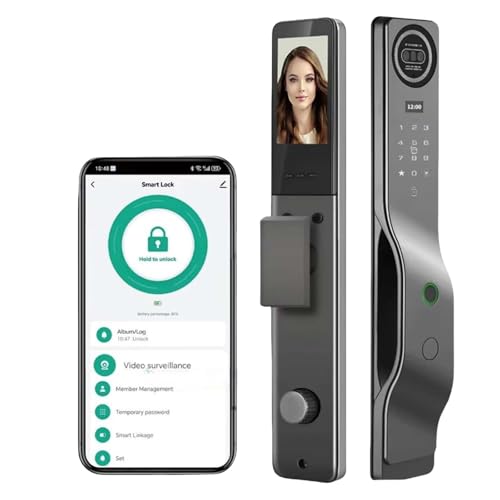Iuscacey Cerradura de puerta inteligente con reconocimiento facial 3D y vena de la palma Cerradura inteligente digital Huella dactilar - Desbloqueo 7 en 1, intercomunicador de video HD,