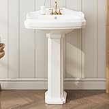 Modern Ceramic Pedestal Sink - Freestanding Vanity Basin with Overflow & Single Faucet Hole | Space-Saving, Easy to Install, Water-Resistant Design for Small Bathroom Easy-Clean Ceramic