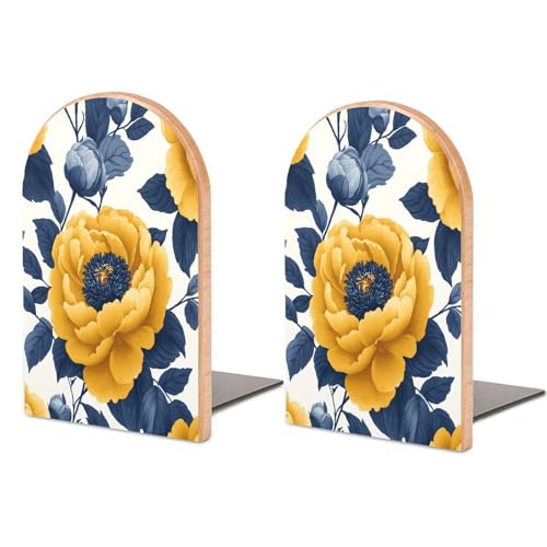 Quteprint Confezione da 2 fermalibri in legno, motivo floreale giallo crisantemo antiscivolo, resistenti, per scaffali e scrivanie, supporti decorativi per libri, per casa, ufficio, biblioteca, scuola