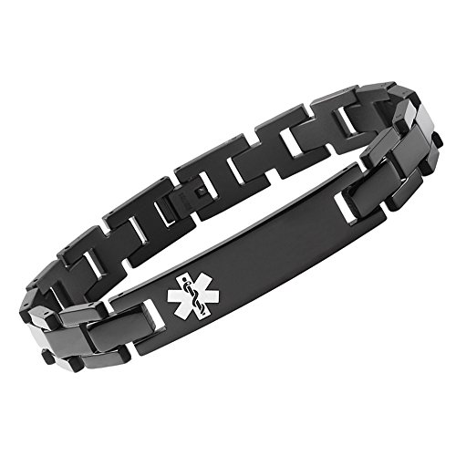 LinnaLove Titanium Medical Alert Bracelets for Men Women Free Customize Engraving Black Medical id Bracelets