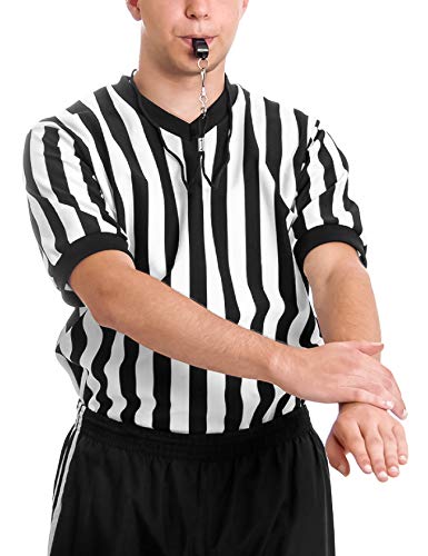 Fitst4 Men's Official Black & White Stripe Referee Shirt V-Neck Short Sleeve Umpire Jersey Costume Pro Ref Uniform For Soccer Basketball Football #TOP2