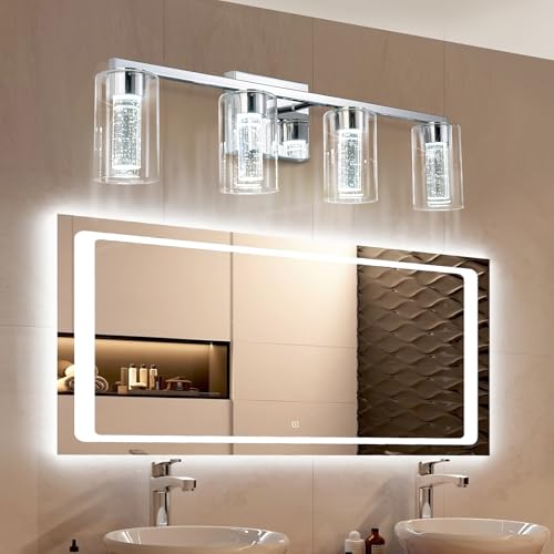 Image of Bathroom Vanity Light Fixture, 4 Lights Wall Lights for Mirror, Modern Wall Vanity Light with Clear Glass Shade, LED 6000K Dimmable, Chrome, 20W, Lenght 27 Inch