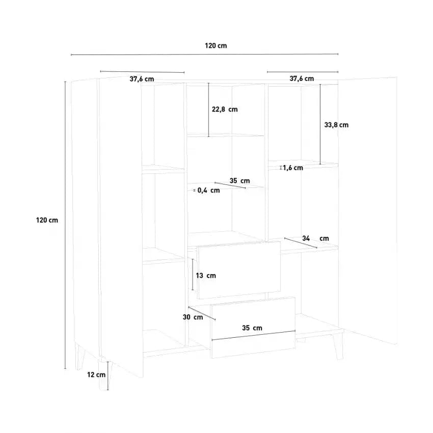 Generico Credenza, 120x40x120 cm, Bianco opaco/Bianco laccato lucido/Ardesia, Legno e vetro e metallo, Modello SUNRISE, Design Moderno Made in Italy