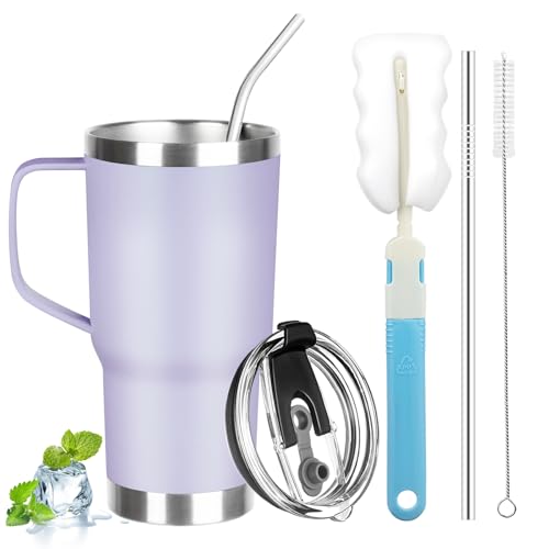 Image of 20 oz Tumbler with Handle, Stainless Steel Insulated Tumbler with Lid and Straw, Double Wall Vacuum Coffee Mug Tumbler, Insulated Coffee Thermal Cup for Cold and Hot (Light Purple)