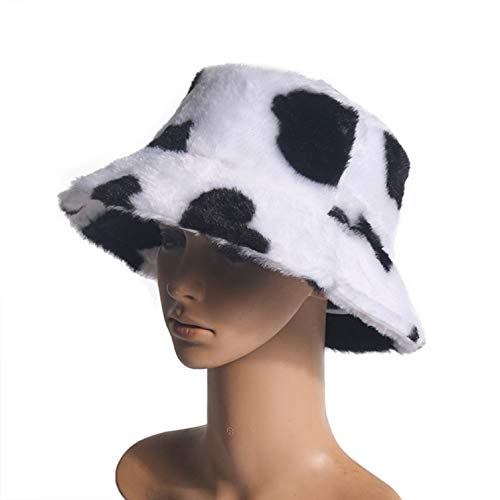 Women's Milk Cow Print Faux Fur Bucket Hat Fluffy Winter Warmer Fisherman Cap Warm Windproof Hat For Women For Girls Black #TOP2