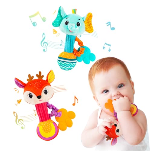 Image of Baby rattles 0-6 months, Set of 2 rattles for babies 0-6 months, Soft Stuffed Animal Rattle Hand Grip Baby Toys, baby rattle Shaker Crinkle Squeaky Sensory Travel Accessories for 0 3 6 9 12 Months old