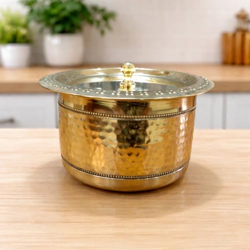 Image of ANYRA'S TROVE Pure Brass Handi with Lid(1.25L) Kalai Coating |Traditional Pital Cooking Pot|Milk Pot|Pital Tope|Tapeli|Handmade Golden Finish Brass Utensil for Home Chefs & Gifting(1250ML)