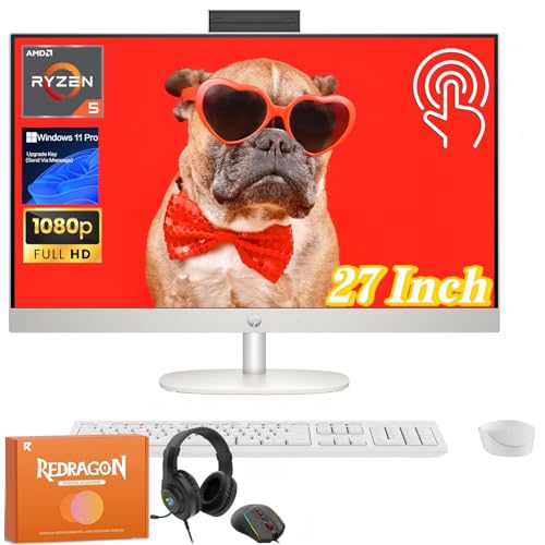 Image of HP All in One Desktop Computer 27 Inch, AMD Ryzen 5 7520U, AMD Radeon Graphics, 16 GB DDR5, 2 TB SSD, FHD Anti-Glare Touchscreen, Wi-Fi 6, Wireless Keyboard and Mouse, Windows 11 Pro, W /Accessories
