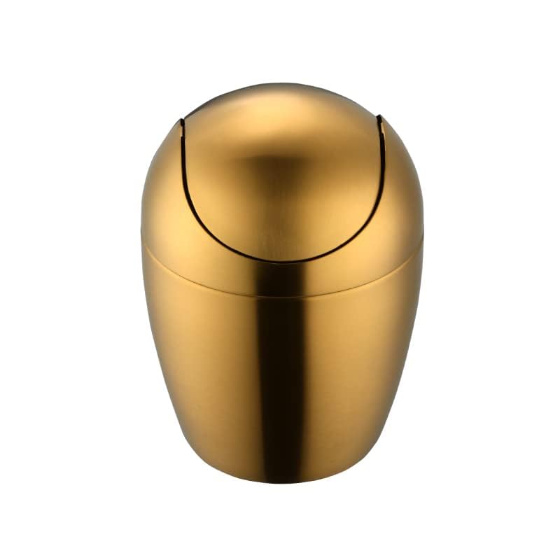 Image of Buyer Star Mini Desktop Trash Can with Swing Lid, 18 /10 Stainless Steel Desktop Garbage Can Counter Top Egg Shaped Metal Waste Bin (Gold, 0.4 Gallon)
