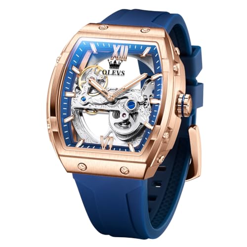 Image of OLEVS Watch for Men Skeleton Automatic Tonneau Silicone Strap Business Luxury Waterproof Luminous Mechanical Men Wrist Watch