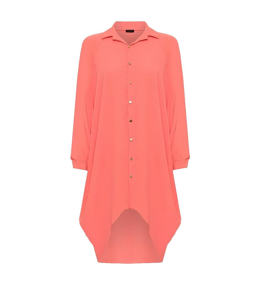 Womens Dip Hem High Low Button Collar Shirt Ladies Long Sleeve Hi Lo Dress Top Fancy Party Wear Blouse Plus Size Flowing Tunic Asymmetric Hem Stylish Evening Casual Fashion UK 8-26 Coral
