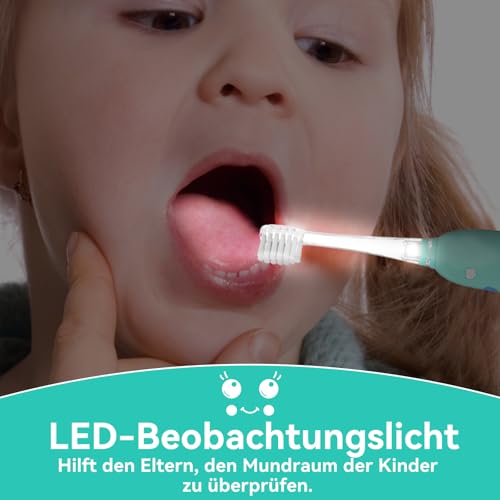 Seago Elektrische Zahnbürste Kinder 0-6 Jahre mit buntem LED Licht, Smart Timer, wiederaufladbare Baby Zahnbürste mit 8 weiche Ersatzbürstenköpfen, IPX7 Wasserdicht, SG2139 (Blau) – Bild 6
