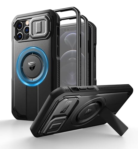 Dexnor for iPhone 12 & iPhone 12 Pro Case with Slide Camera Cover & Adjustable Kickstand & Built-in Screen Protector,Magsafe Rugged Shockproof Bumper Cases Heavy-Duty Magnetic Protective Cover,Black