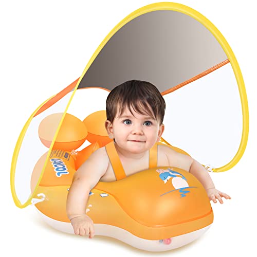 Image of LAYCOL Baby Swimming Pool Float with Removable UPF 50+ UV Sun Protection Canopy,Toddler Inflatable Pool Float for Age of 3-36 Months,Swimming Trainer (Yellow, L)