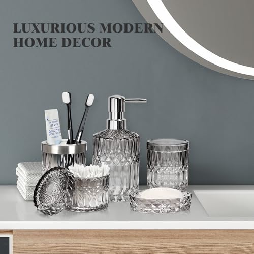 Glass Bathroom Accessories Set - 5Pc Toothbrush Holder Set with Tumbler, Soap Dish & Cotton Swab Jar - 5Ps Stylish Clear & Black Modern Bathroom Set with Elegant Design for Organised Space&Gift - Image 7