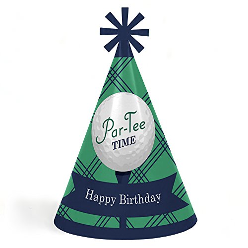 Par-Tee Time - Golf - Happy Birthday Cone Hats - Set of 8 | Golf Themed Birthday Party Hats for Kids and Adults, Premium Party Decorations, Elastic Strings Included, USA-made